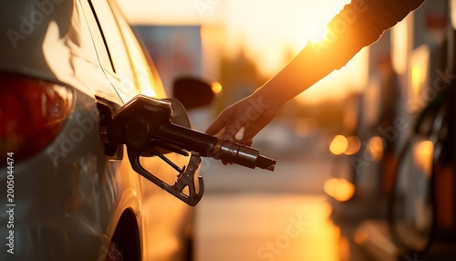 Close-animated movie of a person's hand holding a gas pump nozzle while refueling a car at a gas station during sunset with warm golden light