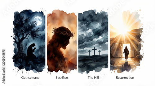 Easter Story Watercolor Illustration of Jesus Christ Passion and Resurrection