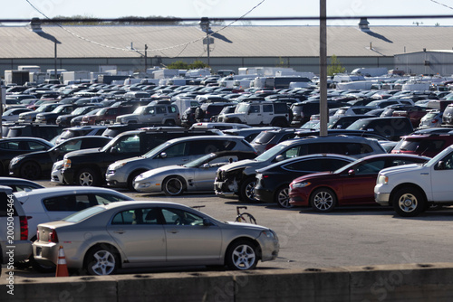 Rockford, Illinois, USA - April 26, 2026: Hundreds of cars in a parking lot at an auto auction and junkyard facility.,