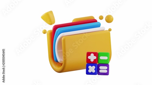 Yellow folder filled with vibrant documents and math symbols, perfect for educational and officerelated designs. Ideal for projects needing organization and creativity.