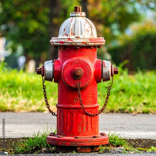 Close-up of a vibrant red fire hydrant with white top, rusty chain and fittings, sitting on a curb. Green foliage blurred in the background