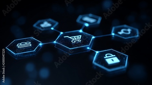 Futuristic hexagonal icons representing e-commerce, security, and other digital services connected by glowing blue lines on a dark