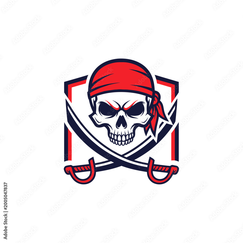 Fototapeta premium Pirate Skull Emblem with Crossed Swords and Red Bandana - Vector Icon