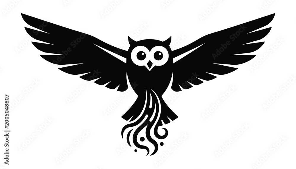 Obraz premium Flying Owl Logo Mascot Silhouette with Open Wings and Decorative Tail for Creative Branding