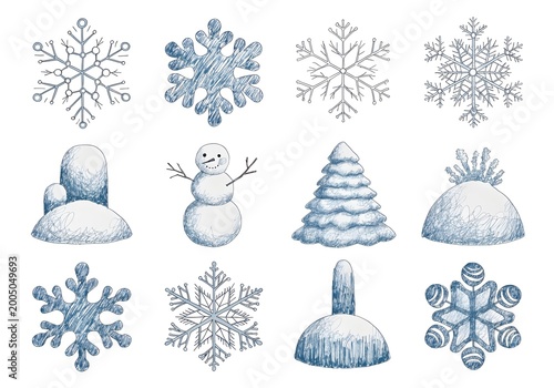 Collection of winter elements with snowflakes and snowman during cold season Isolated on white background