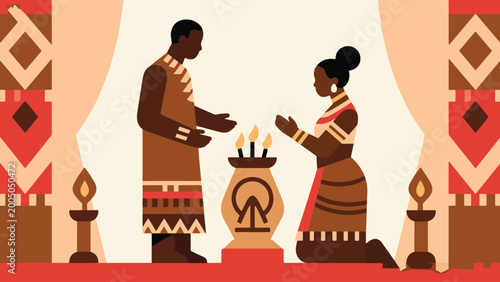 Принти на полотні Illustration Of An Ancestral Veneration Ceremony Performed By A Black Man And Wo