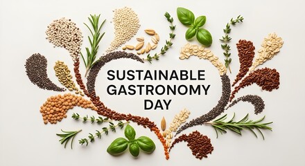 Sustainable gastronomy day frame made of fresh herbs and seeds