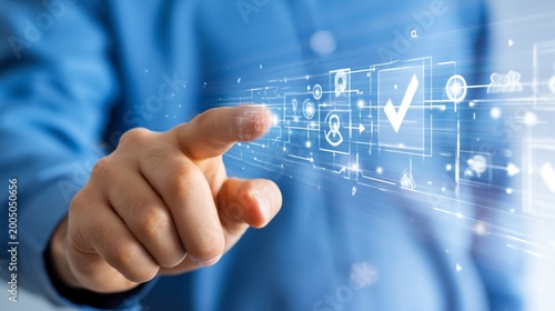 Hand touching a futuristic glowing interface, selecting a confirmed option within a network of digital icons representing business, technology, and connection concepts