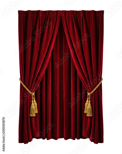 Fotografía Red velvet stage curtains with gold tassels isolated