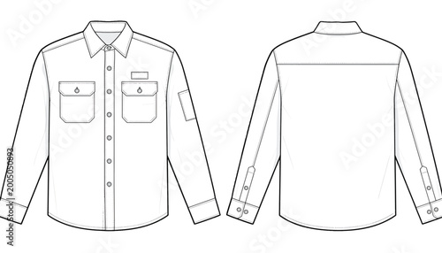 Long Sleeve Workwear Shirt Technical Flat Sketch Vector Template