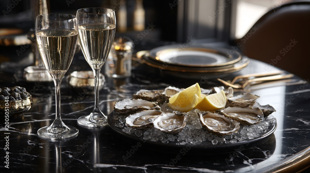 Fototapeta premium Upscale brunch table with champagne, oysters, and lemon wedges on black stone, dramatic lighting