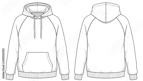 Raglan Sleeve Hoodie Mockup Vector Front and Back View White Hooded Sweatshirt Technical Drawing