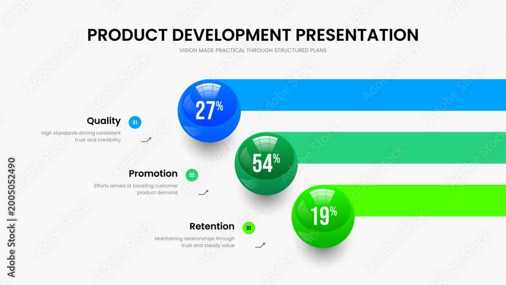 Fototapeta premium Creative Performance 3 Step Infographic Presentation Layout. Market Overview Slide Design Vector Illustration. Service Briefing Three Element Graph Frame Template.