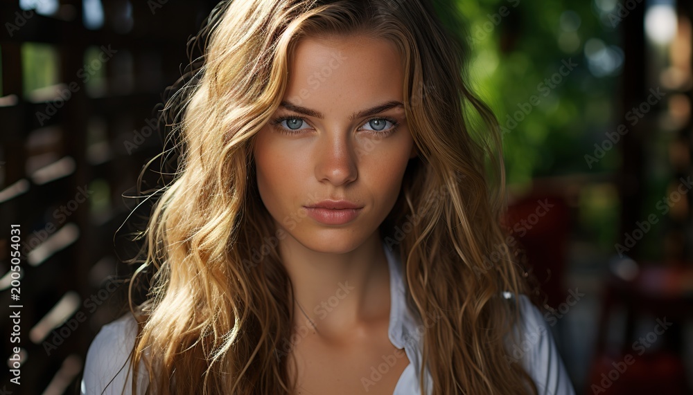 Fototapeta premium A beautiful young woman with long hair and blue eyes smiling softly