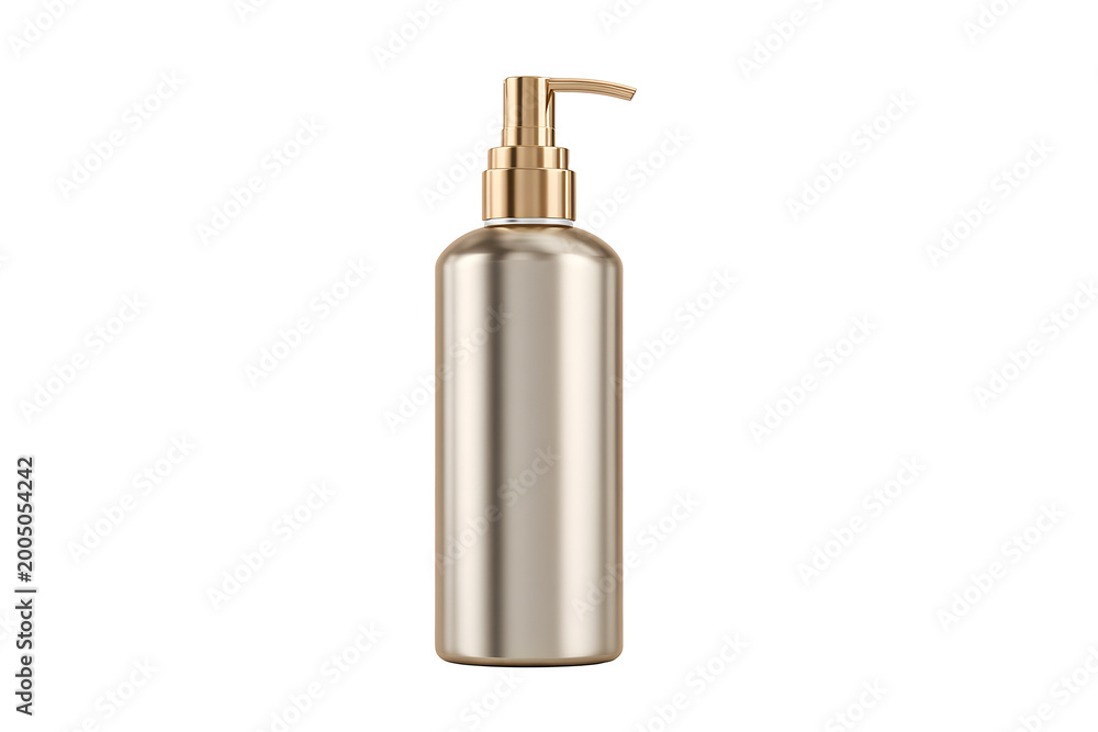 Obraz premium Cosmetic bottle light gold luxurious with dispenser and pump type lid isolated on cutout PNG or transparent background. Antimicrobial liquid gel. Hand hygiene. Liquid soap. Cleaning agent. 
