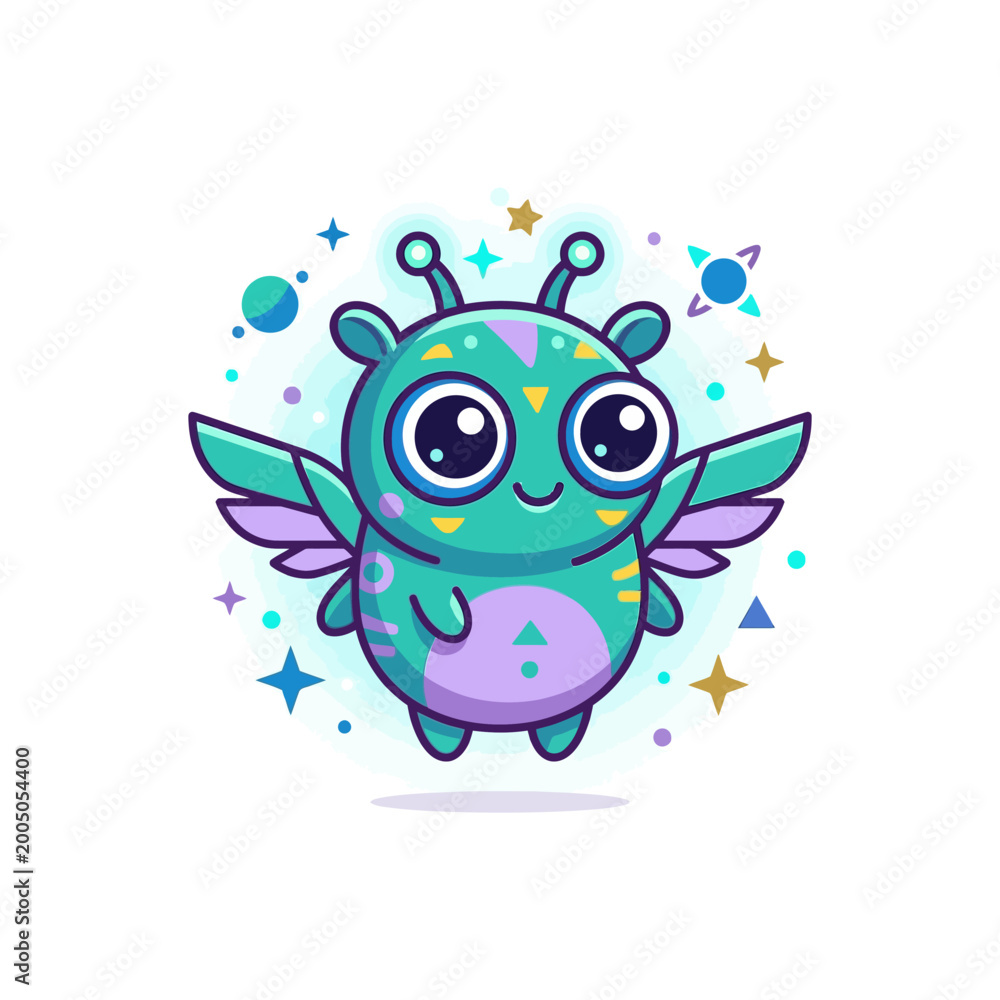 Fototapeta premium Floating alien pet creature icon with wings and big eyes