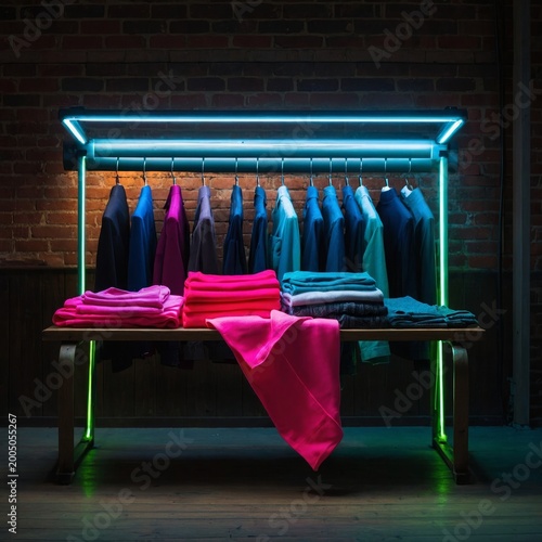 Vibrant clothing display with neon lighting against brick wall apparel fashion
