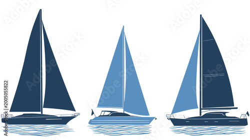 Three stylized sailboats of varying colors, sailing on waves. A nautical graphic