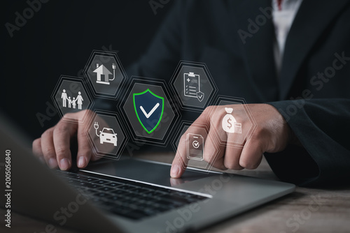 Digital protection service concept with virtual icons showing insurance coverage, security management, risk control, financial protection, and safety solutions for modern business and personal assets.