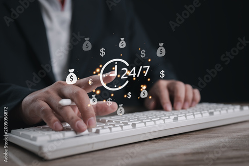 Digital financial concept with 24/7 service and online income flow, showing money icons, passive earning, financial growth, business profit, and continuous revenue generation through technology.