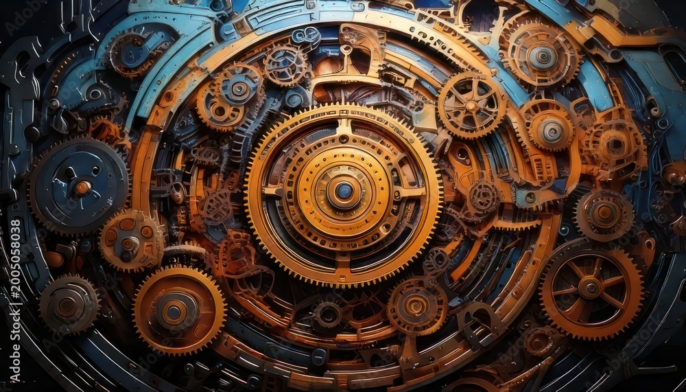 Fototapeta premium Intricate Steampunk Clockwork Mechanism with Rusty Gears and Cogs.