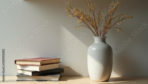 floor-standing vase with dried flowers and books against a wall