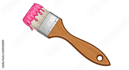 Paint Brush, Pink Paint, Wooden Handle, Vector Illustration, Art Supplies, Creative Tool