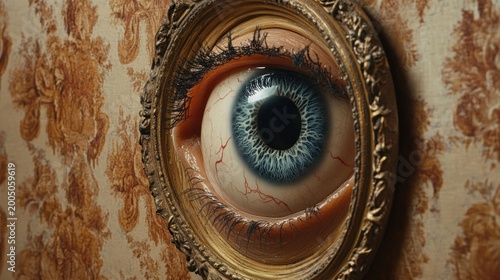 A large, detailed eyeball set in a gold frame, against a floral wallpaper background