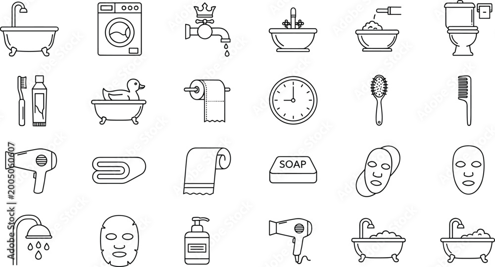 Εκτύπωση καμβά Bathroom and Personal Care Icons Set with Bathtub, Shower, Toilet, Toothbrush, H