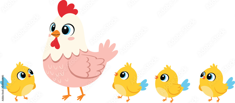 Obraz premium Cute cartoon hen and yellow baby chicks characters in a row, farm bird family vector illustration for kids and education.