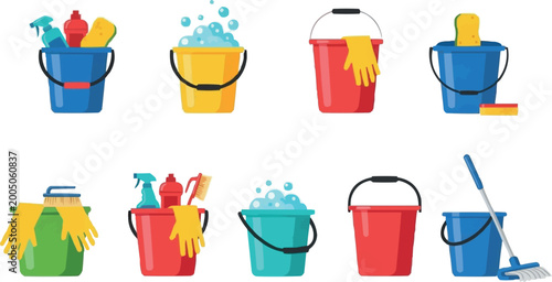 Cuadro en lienzo Cleaning bucket collection with household sanitation supplies gloves sponges and