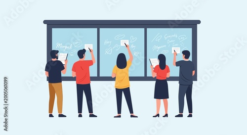 Diverse group of people collaborating and writing messages on a large whiteboard in an educational setting.