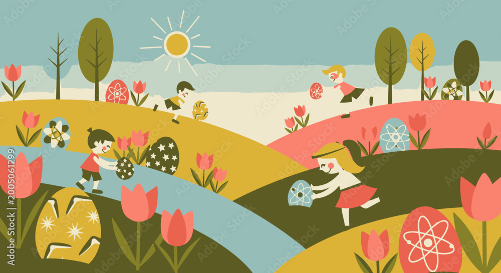 Naklejka premium Children playing in a colorful landscape with flowers and trees on a sunny day.