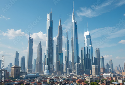 Futuristic city skyline with tall skyscrapers