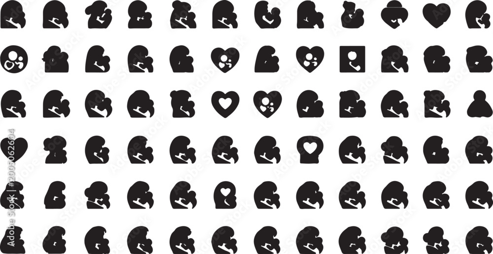 Fototapeta premium Large collection of mother and baby silhouette icons for family and maternity design projects with silhouette maternity parenting nurturing collection illustration parenthood maternal