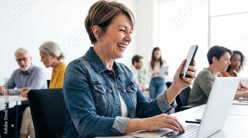 A cheerful older woman uses a laptop and smartphone in a modern, well-lit office environment.
