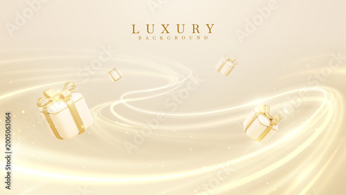 Fotografie Luxury gold background with 3d gift box and glow neon curve