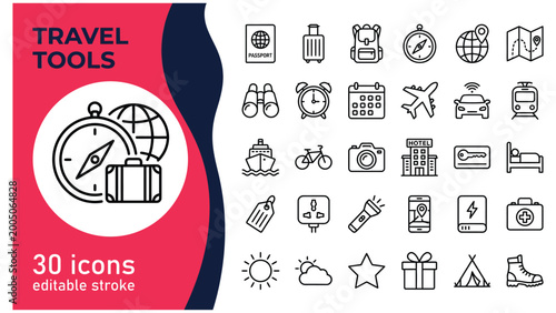 Foto Collection of travel and vacation related icons for planning and embarking on an