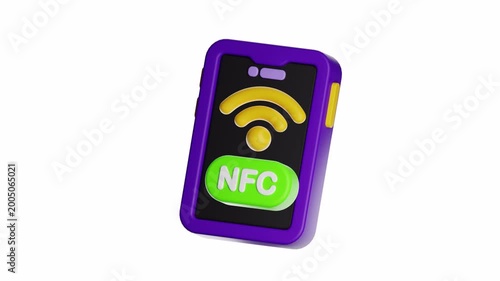 3d looping ui icon purple smartphone with a wifi symbol and nfc label, ideal for technology blogs, mobile app advertisements, or telecommunications concepts.