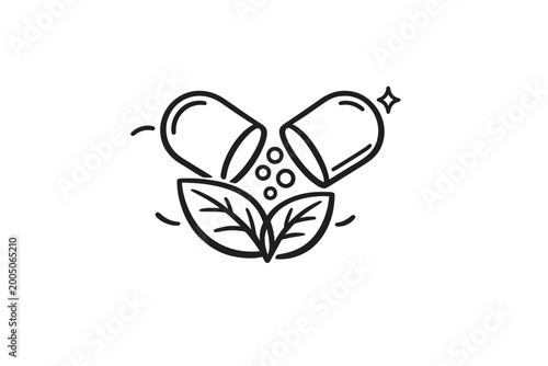 Natural herbal medicine capsule pill with green leaves outline icon. Organic supplement and healthcare concept for wellness, homeopathy, and alternative medicine. Vector illustration on white.