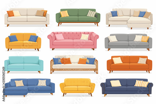 Collection of diverse sofa and couch illustrations in various styles and colors, featuring modern, mid-century, and classic furniture designs with decorative pillows and wooden legs on white.