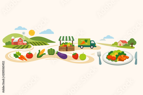 Local food journey vector illustration with fresh vegetables and fruits moving along a path from a rural farm with a red barn to a market stall, delivery truck, and a healthy meal on a plate.