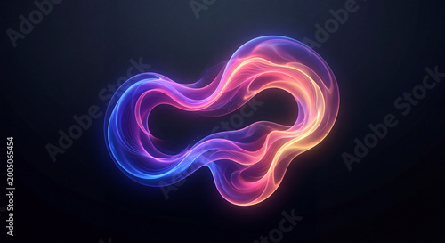 Abstract glowing fluid shape in vibrant blue, pink, and orange hues on dark background, dynamic wave form.