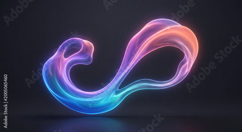Abstract infinity symbol shape made of glowing translucent fluid in vibrant blue, pink and orange colors.