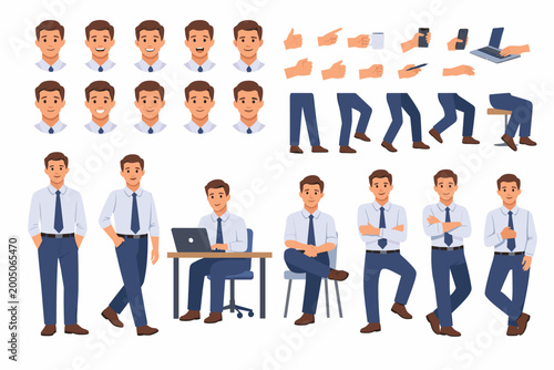 Male Office Employee Character Constructor Set for Animation with Various Body Poses, Facial Expressions, Hand Gestures, and Leg Movements. Professional Man Sitting, Standing, and Walking Kit.