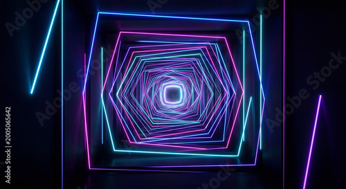Futuristic neon tunnel background with glowing geometric light frames in blue and purple colors.