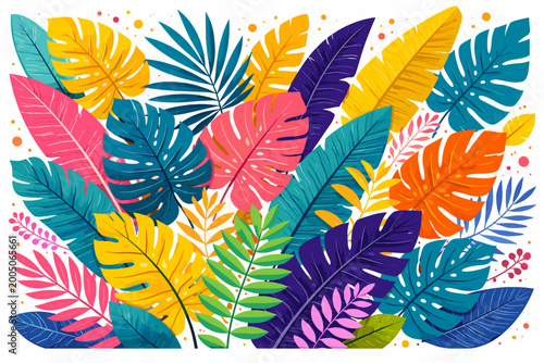Vibrant tropical leaves pattern featuring colorful monstera, palm, and banana foliage in a simple flat vector style. Artistic summer background with bright pink, yellow, blue, and green exotic plants.