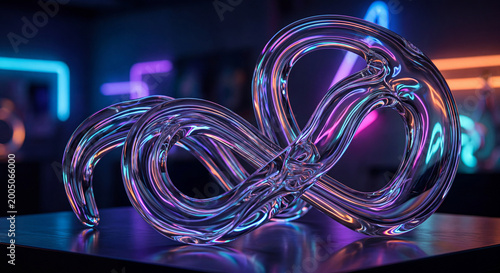 Twisted infinity glass sculpture on reflective surface with purple neon background.
