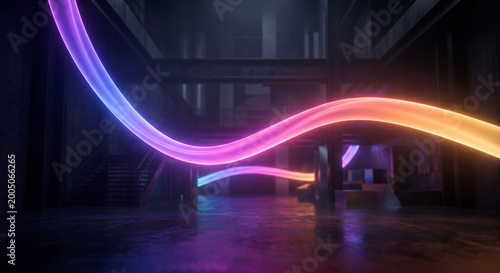 Vibrant glowing neon light trails in dark industrial setting with stairs and structures, blue pink orange colors.