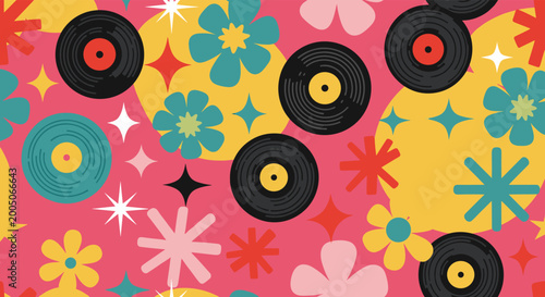 Vibrant seamless pattern features black vinyl records, colorful flowers, and bright stars on a pink background for a retro musical theme.